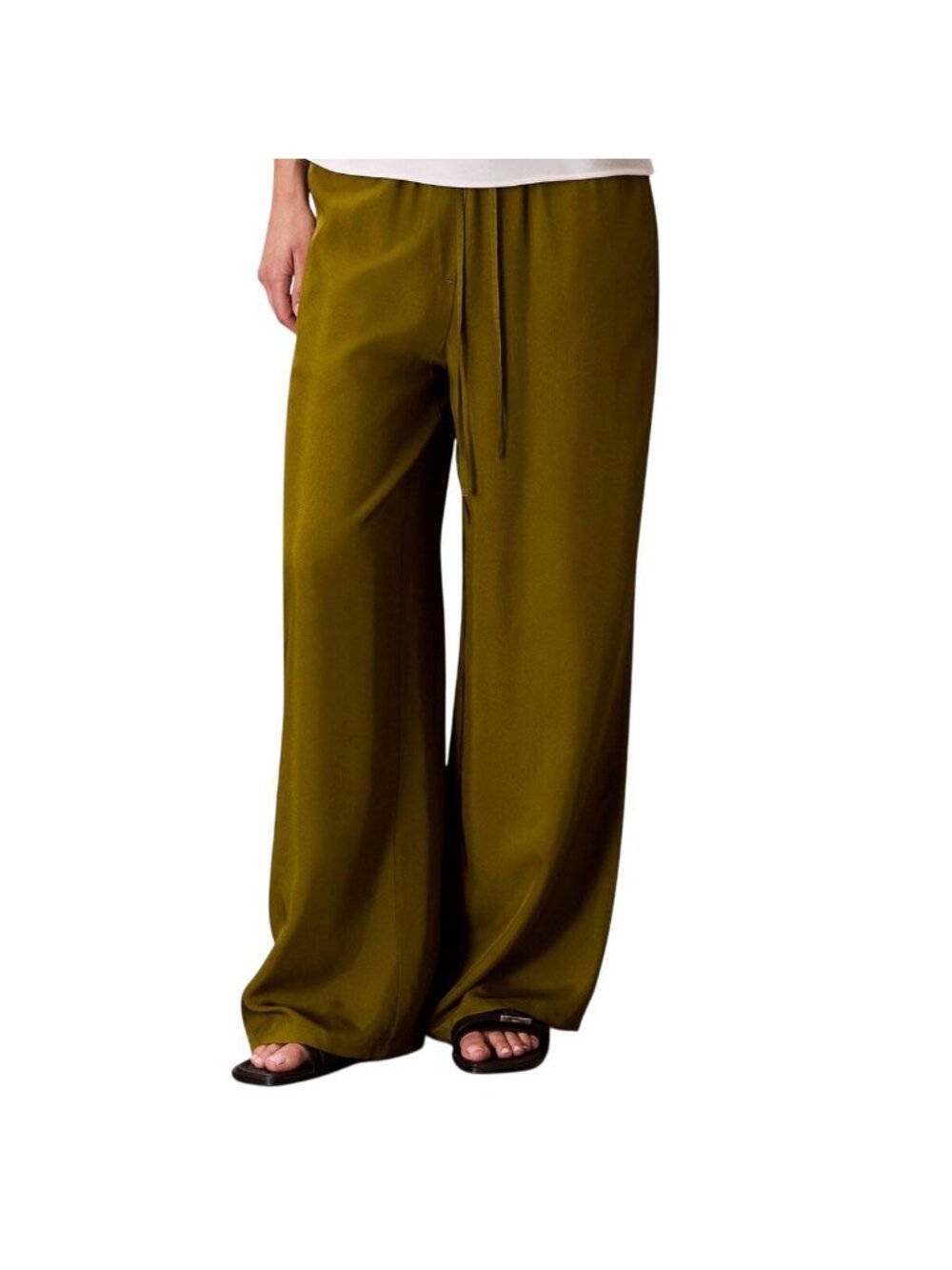 NWT Calvin Klein Womens Drawstring Wide-Leg Pants 44B932G Dark Leaves Green L